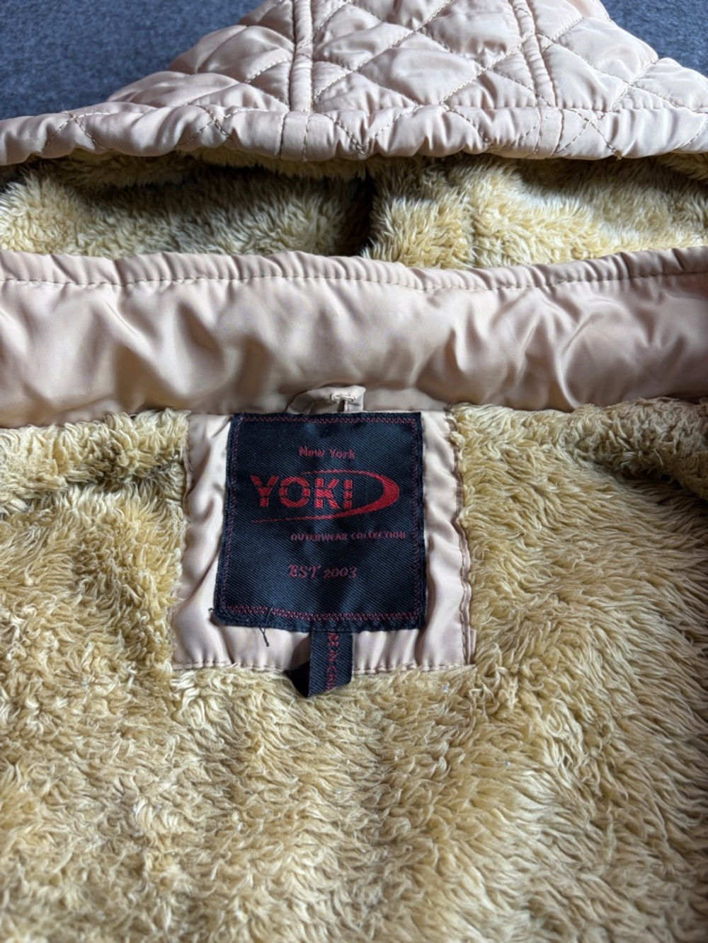 Yoki Quilted Hooded Jacket in Pale Pink with Cream Faux Fur